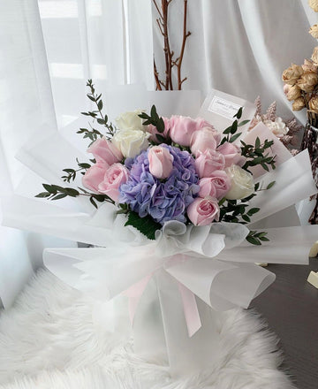 Fresh Pink Roses & Blue Hydrangeas Bouquet