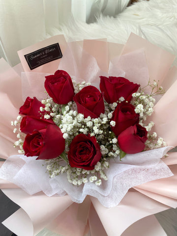 Fresh Red Roses and Baby Breath Bouquet