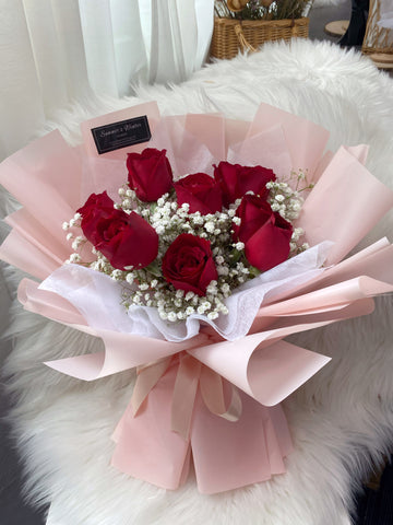 valentines day red rose baby breath bouquet (8 stalks)