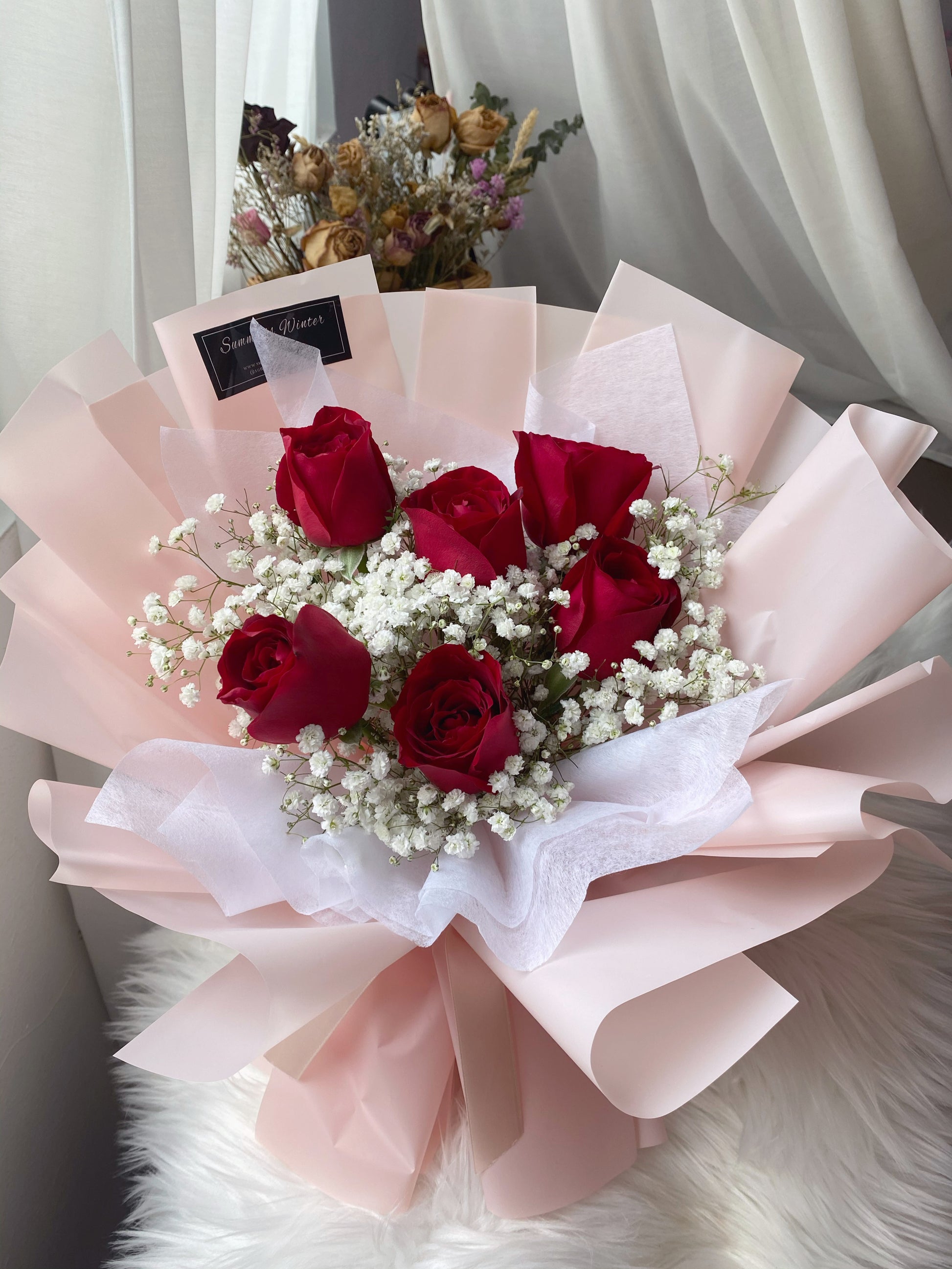 Red Rose & baby breath bouquet 2