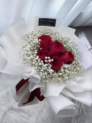 Dark Red Roses & Baby Breath Bouquets