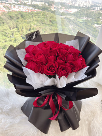 Red Roses Bouquet With White & Black ribbon