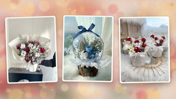 Fresh, preserved and soap Christmas flowers side by side: Snowy Red Roses bouquet, blue preserved rose crystal ball, red soap rose box