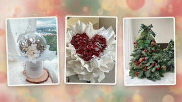 Christmas flower gifts: white rose crystal ball, heart of 52 red roses with a Merry Christmas topper, and a fresh mini Christmas tree