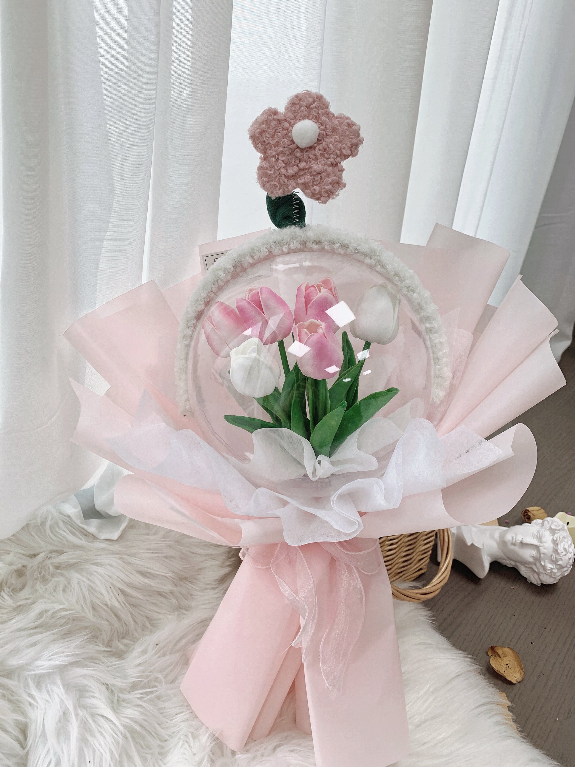 White/Pink Premium Faux Tulips Flower Bouquet 