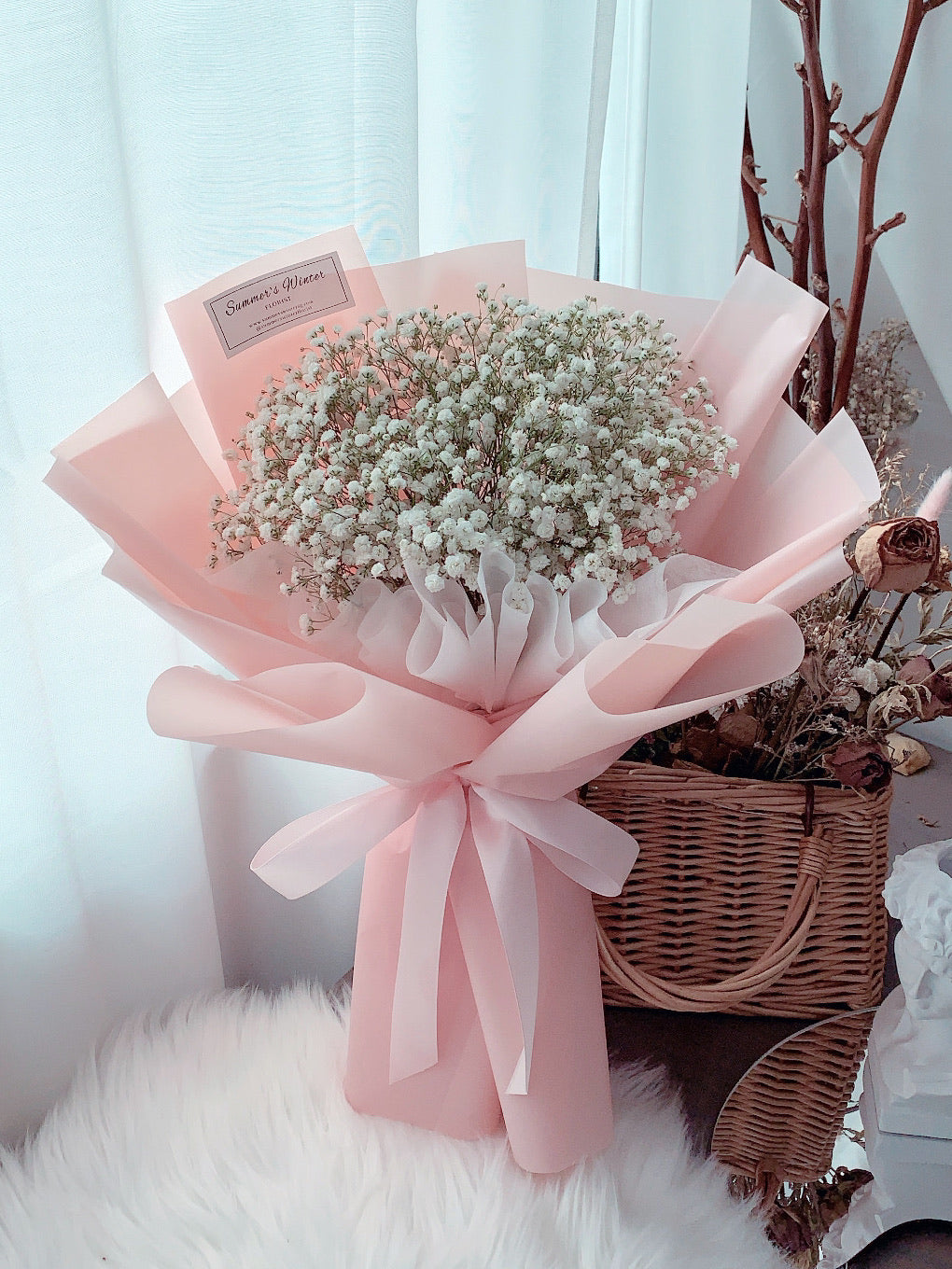 Fresh Baby's Breath Bouquet with Baby Pink Wrapped Paper