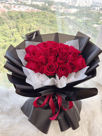 Red Roses Bouquet With White & Black ribbon  